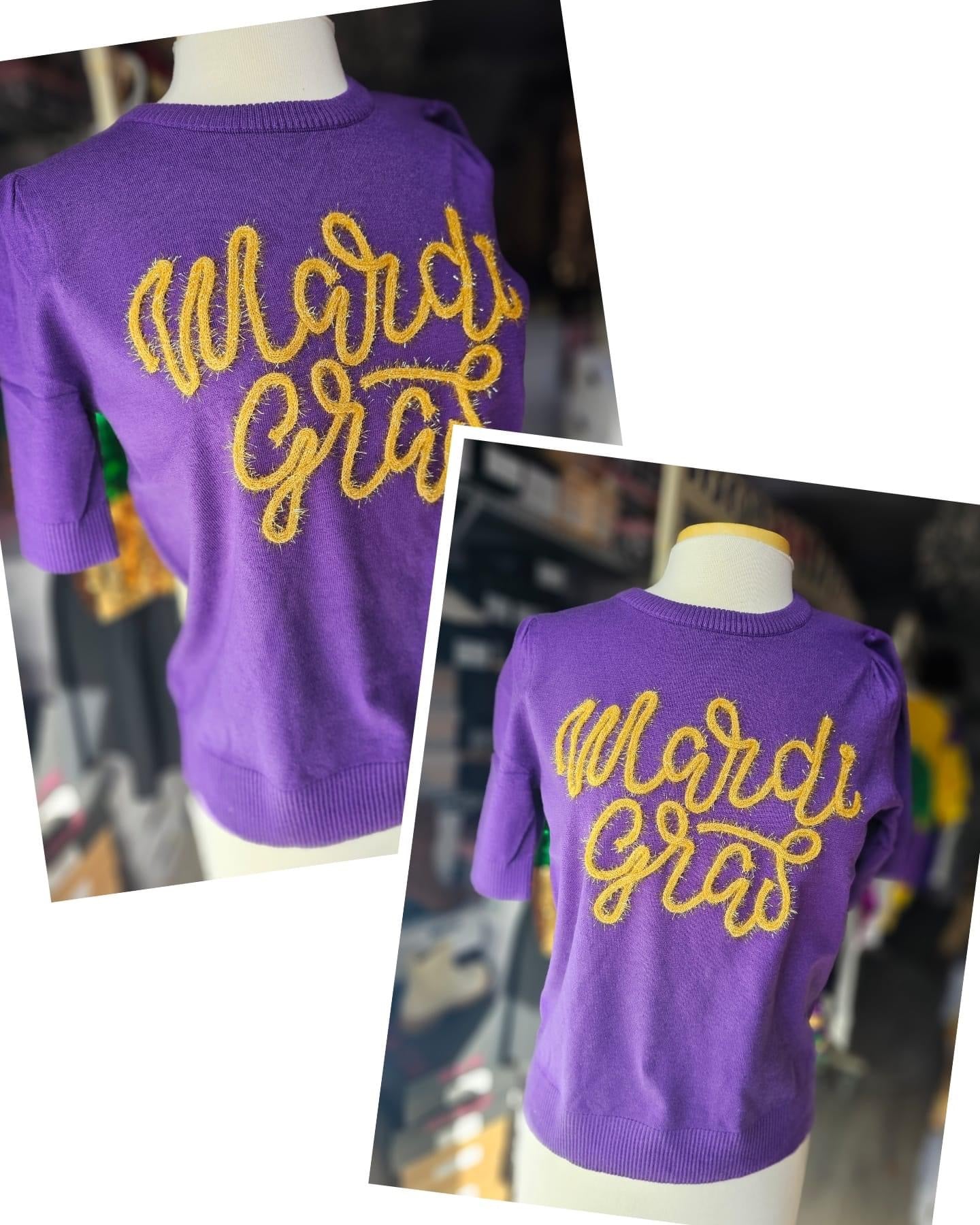 Purple short sleeve with gold tinsel Mardi Gras