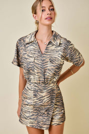 Tiger Print Denim Romper with Wrap Front Detail
