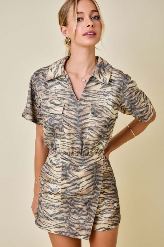 Tiger Print Denim Romper with Wrap Front Detail