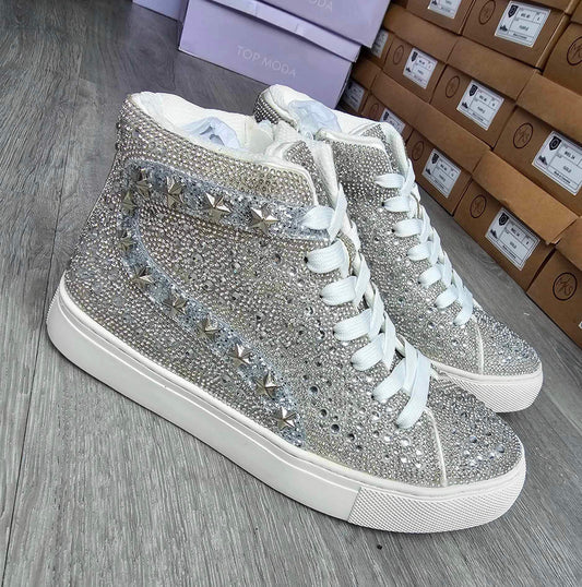 Flashy High Top Sneaker - CLEAR RHINESTONE