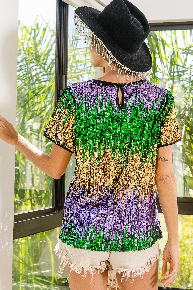 MARDI GRAS COLOR BLOCK SEQUIN TOP