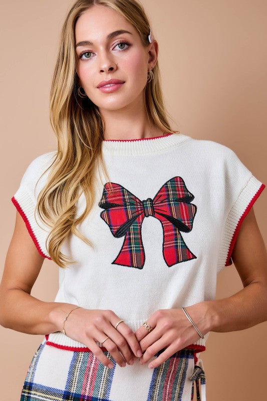 Christmas Sweater w/ Plaid Bow Appliqué