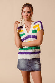 Mardi Gras Stripe Open Knit Lightweight Top