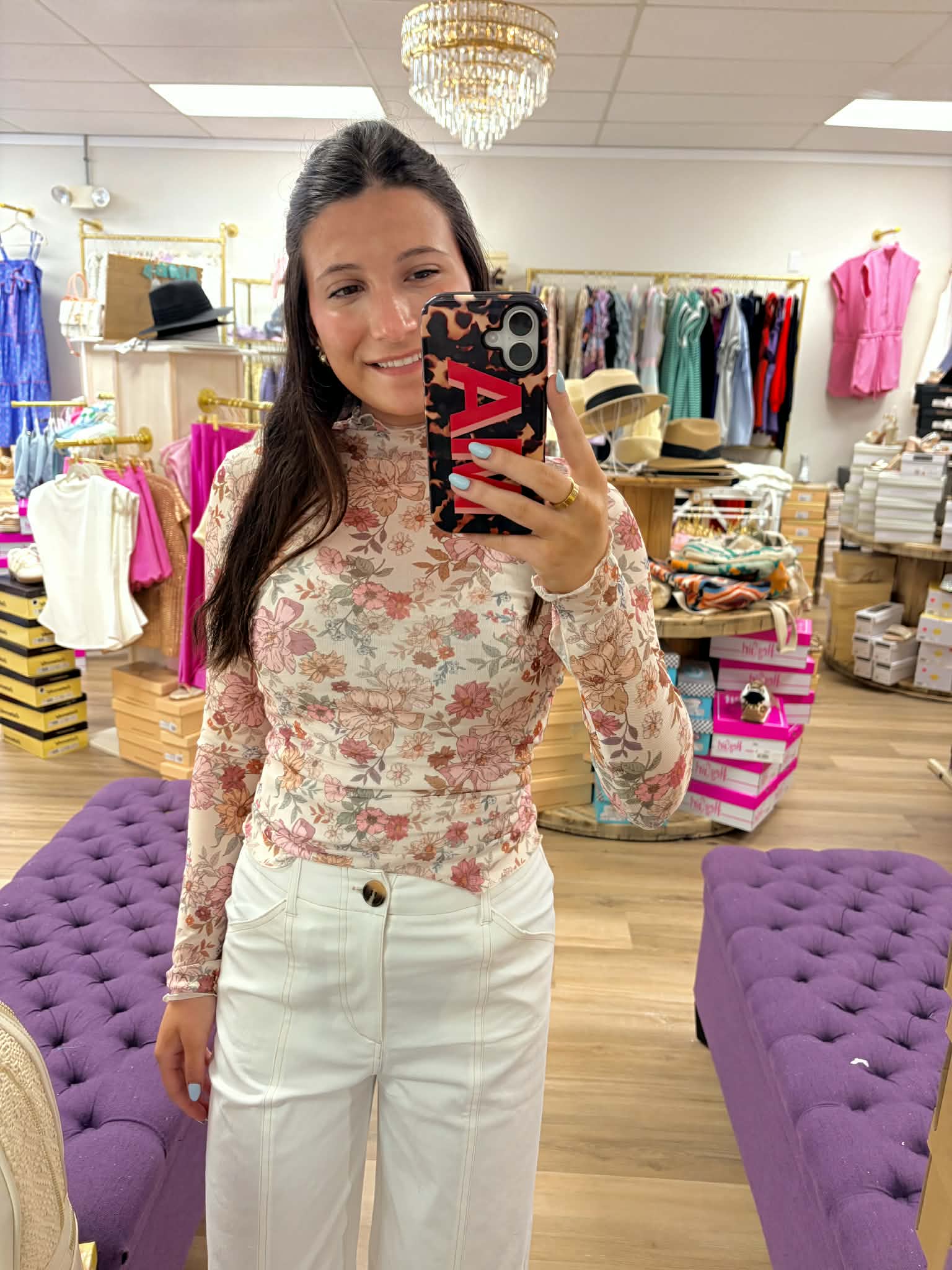 Floral Print Mesh Knit Long Sleeve Top