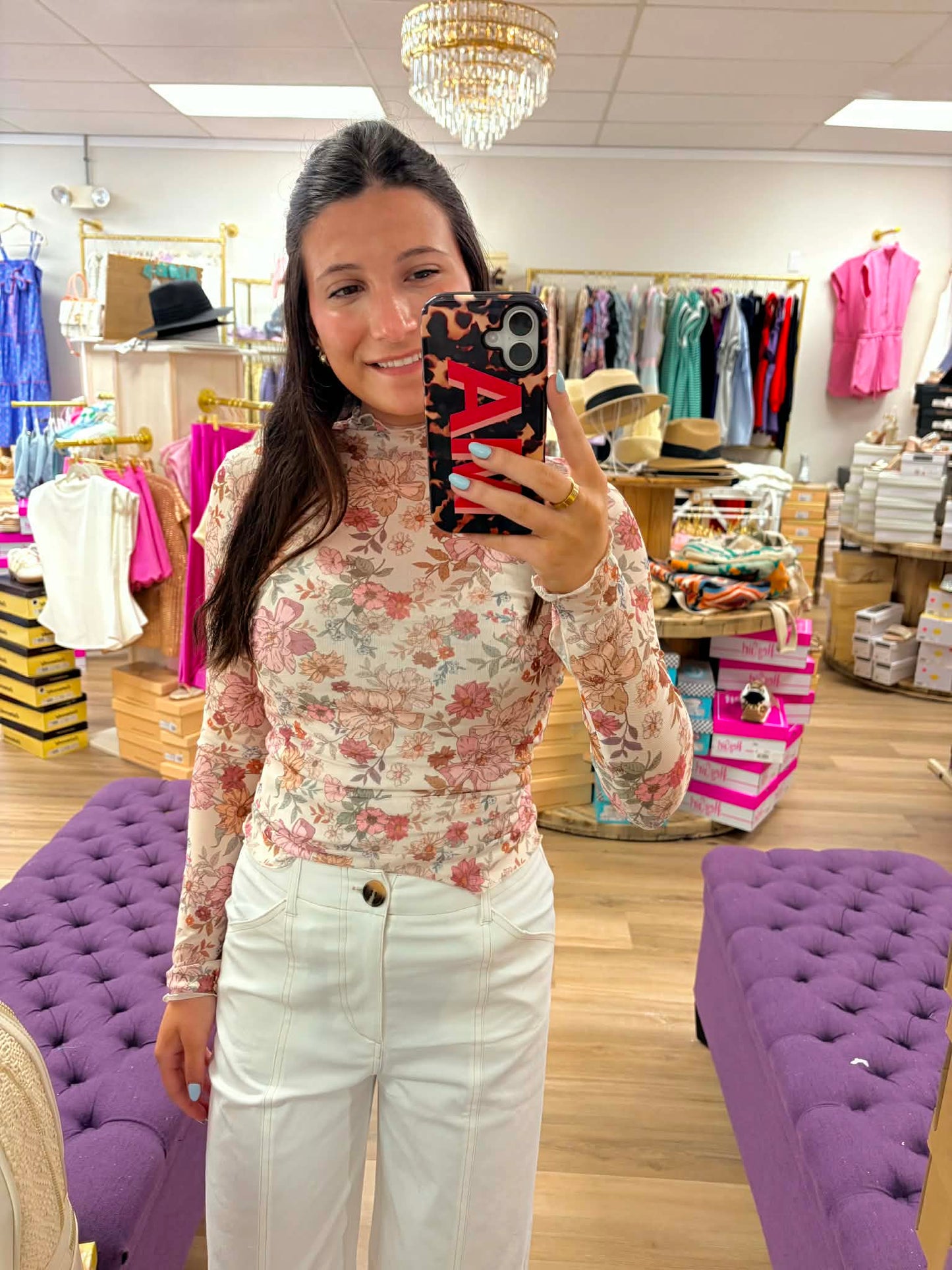 Floral Print Mesh Knit Long Sleeve Top