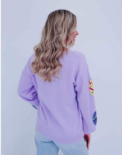 Easter Egg Patches Sweater Pullover- Lavender/Pink