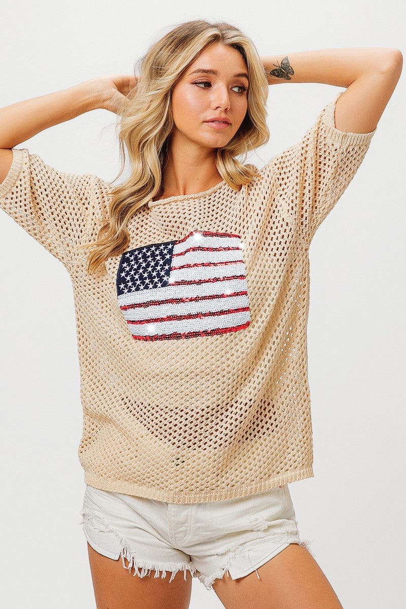 Sequin Flag Open Knit Top