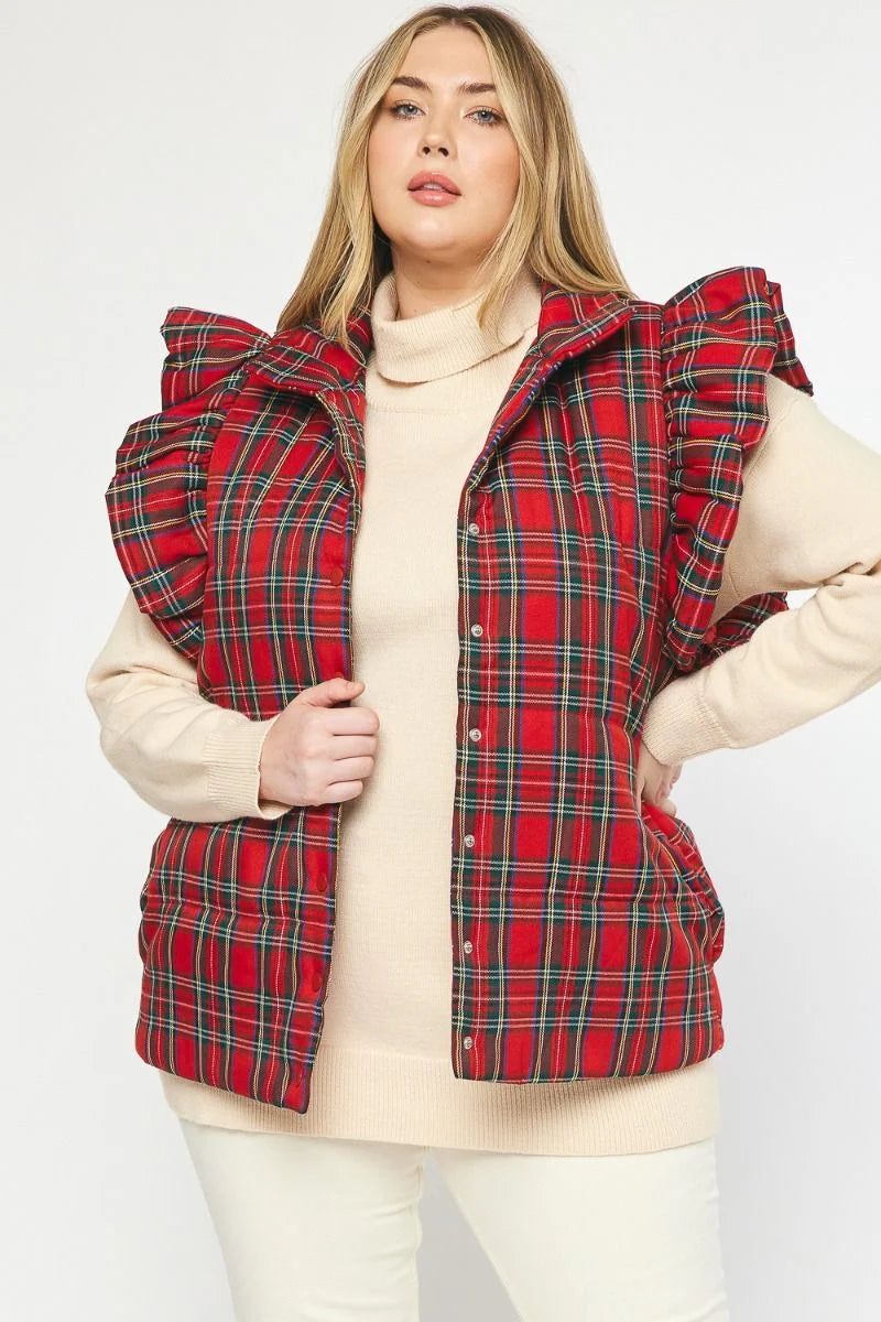 Plaid Perfection Christmas Ruffled Puffer Vest
