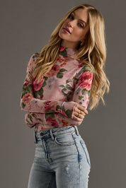 So Posh- Pink And Green Floral Mesh Top