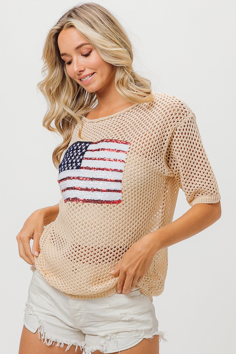 Sequin Flag Open Knit Top