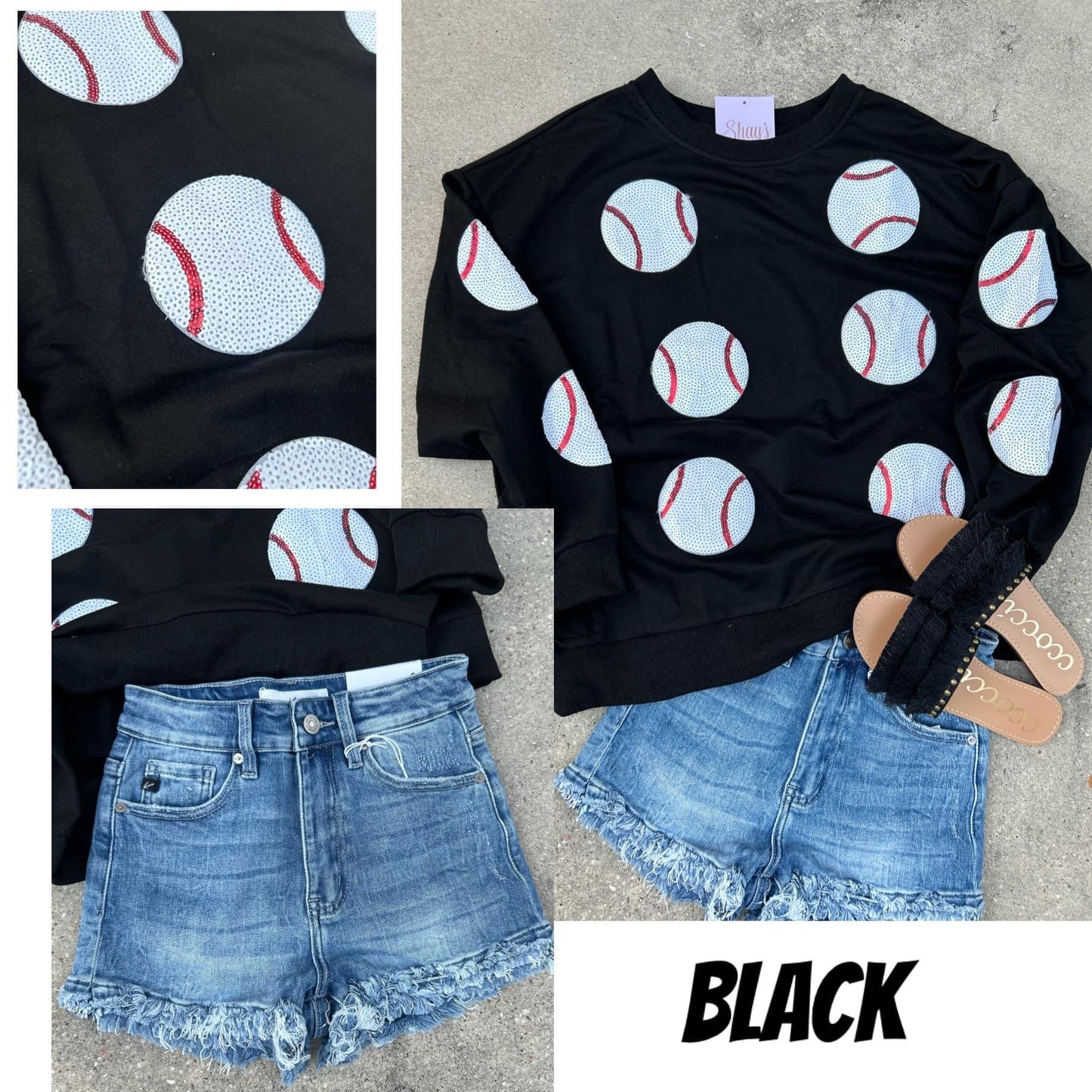 Sequin Baseball Patch French Terry Pullover - BLACK