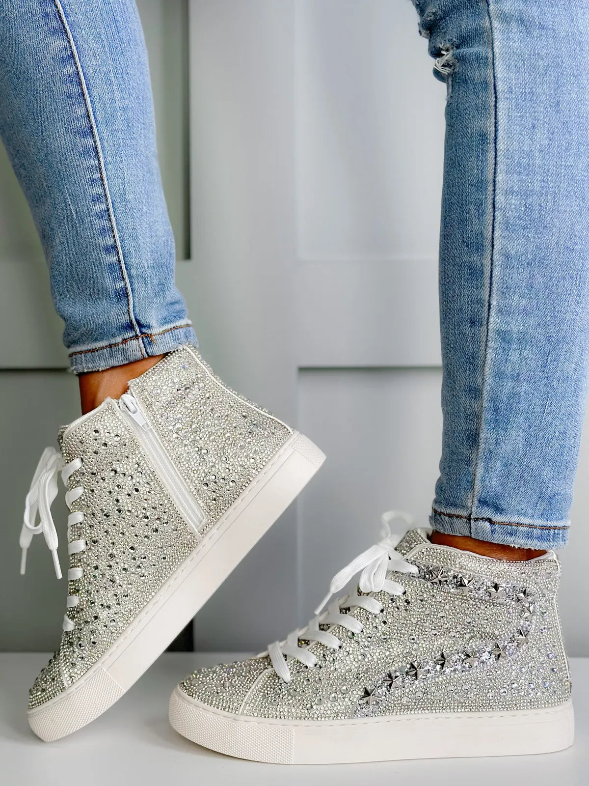 Flashy High Top Sneaker - CLEAR RHINESTONE