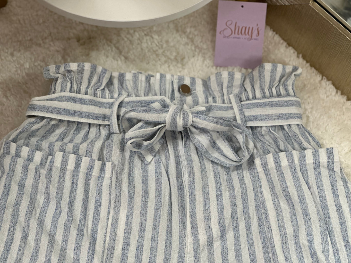 Striped Cotton Elastic Shorts - Blue