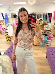Floral Print Mesh Knit Long Sleeve Top