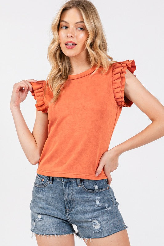 Mineral Washed Ruffle Sleeve Top