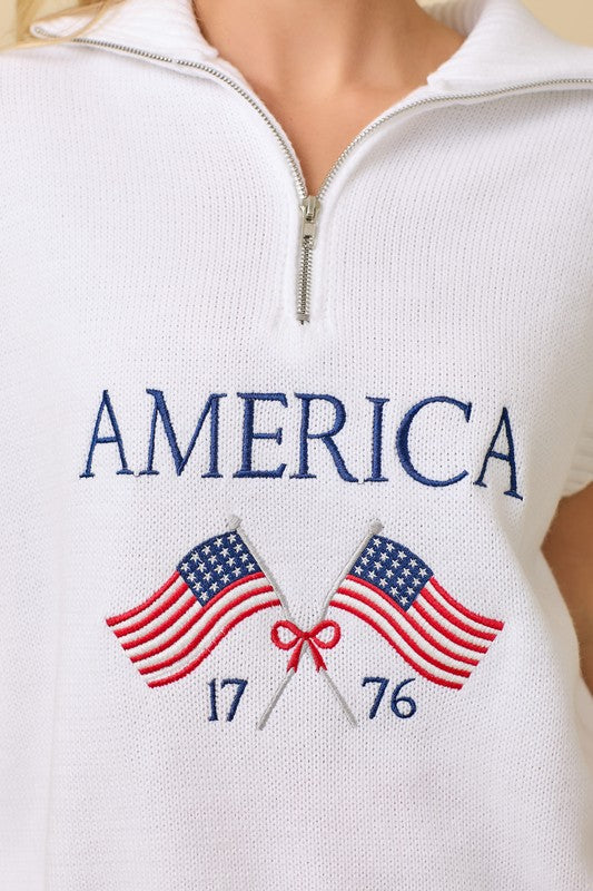 Half Zip American Flag Sleeveless Sweater Top