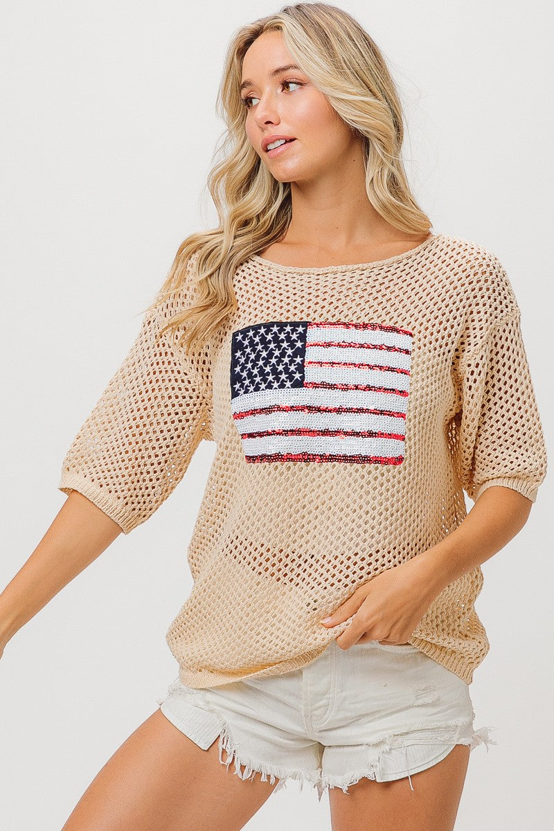 Sequin Flag Open Knit Top