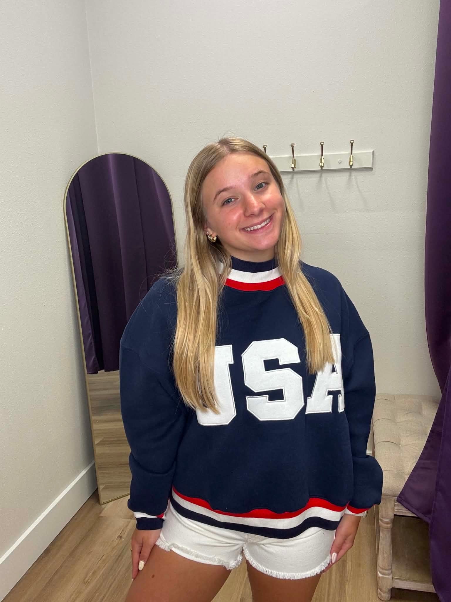 USA Letter Print Contrast Trim Sweatshirt