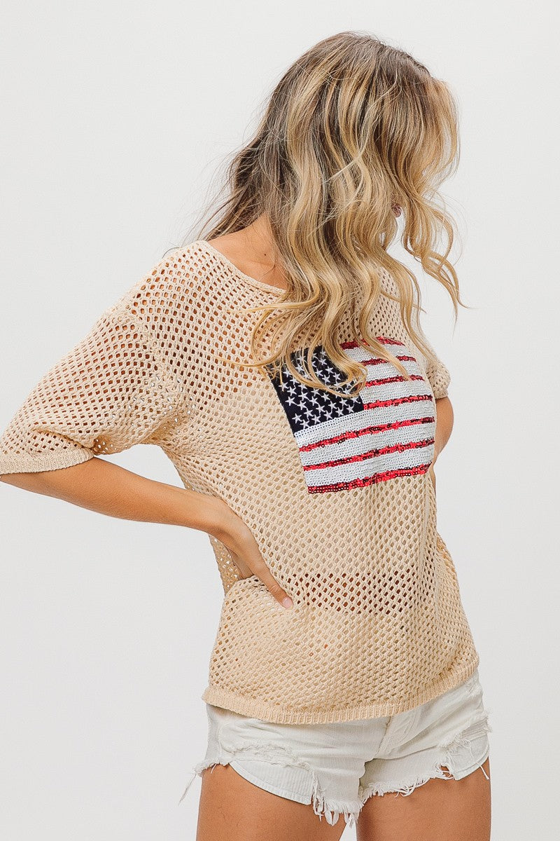 Sequin Flag Open Knit Top