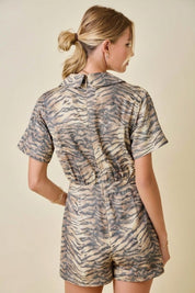 Tiger Print Denim Romper with Wrap Front Detail
