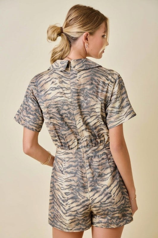 Tiger Print Denim Romper with Wrap Front Detail