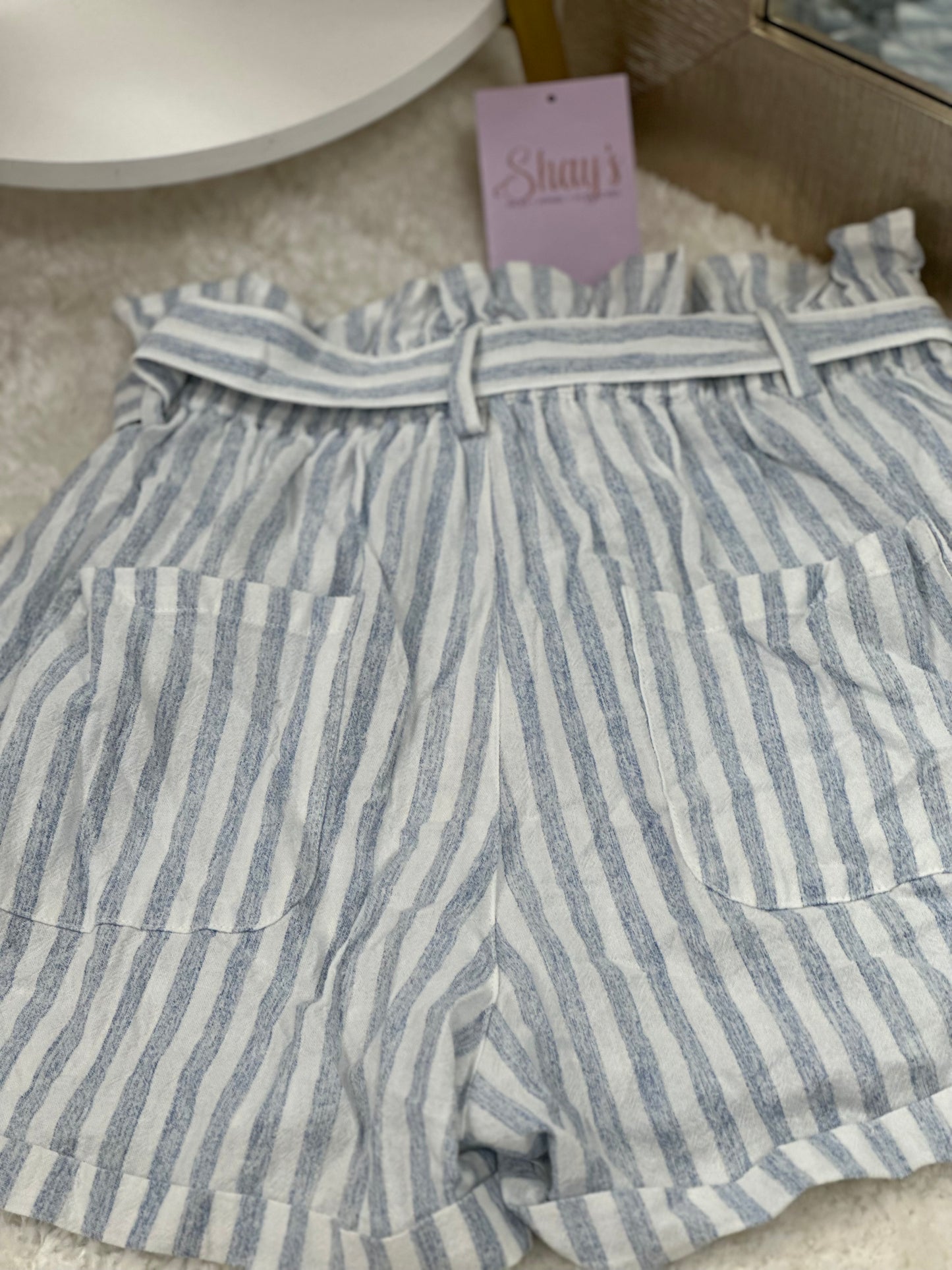 Striped Cotton Elastic Shorts - Blue