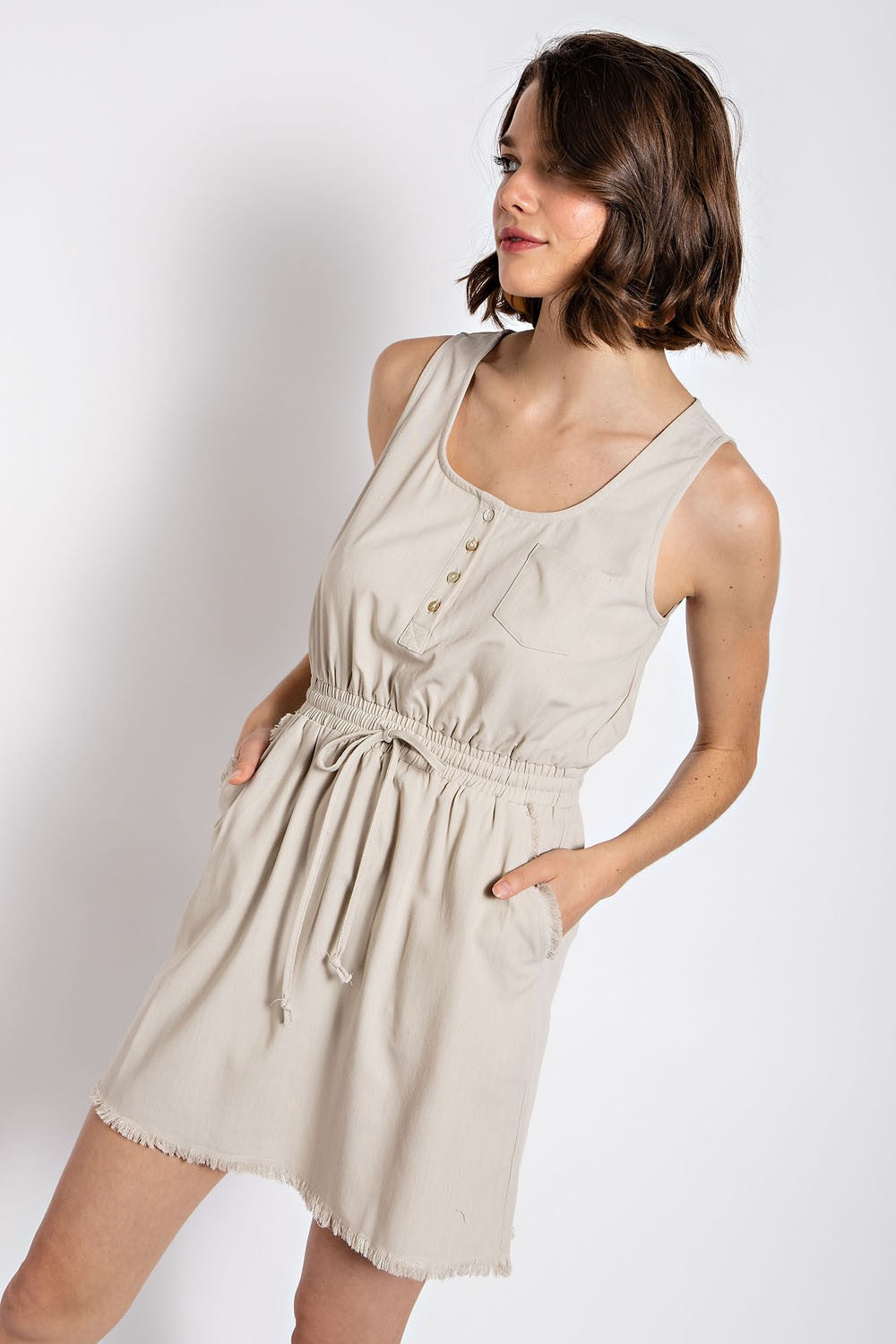 Frayed Hem Drawstring Waist Dress - SAND