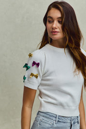 Mardi Gras Glitter Ribbon Puff Sleeve Top