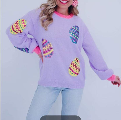 Easter Egg Patches Sweater Pullover- Lavender/Pink