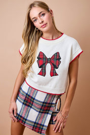Christmas Sweater w/ Plaid Bow Appliqué