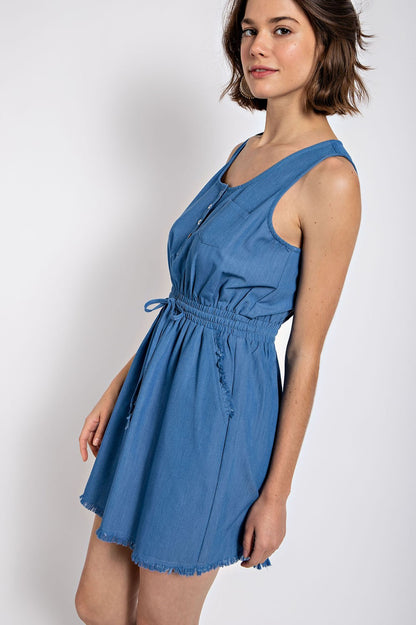 Frayed Hem Drawstring Waist Dress - DENIM