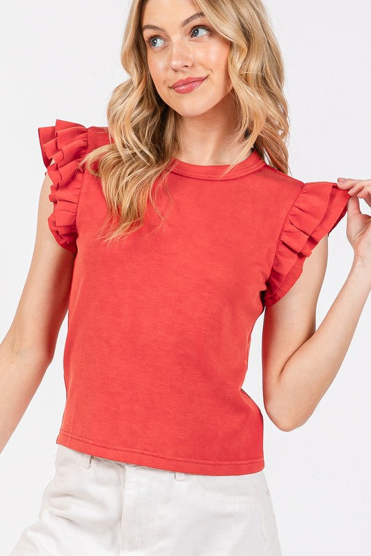 Mineral Washed Ruffle Sleeve Top