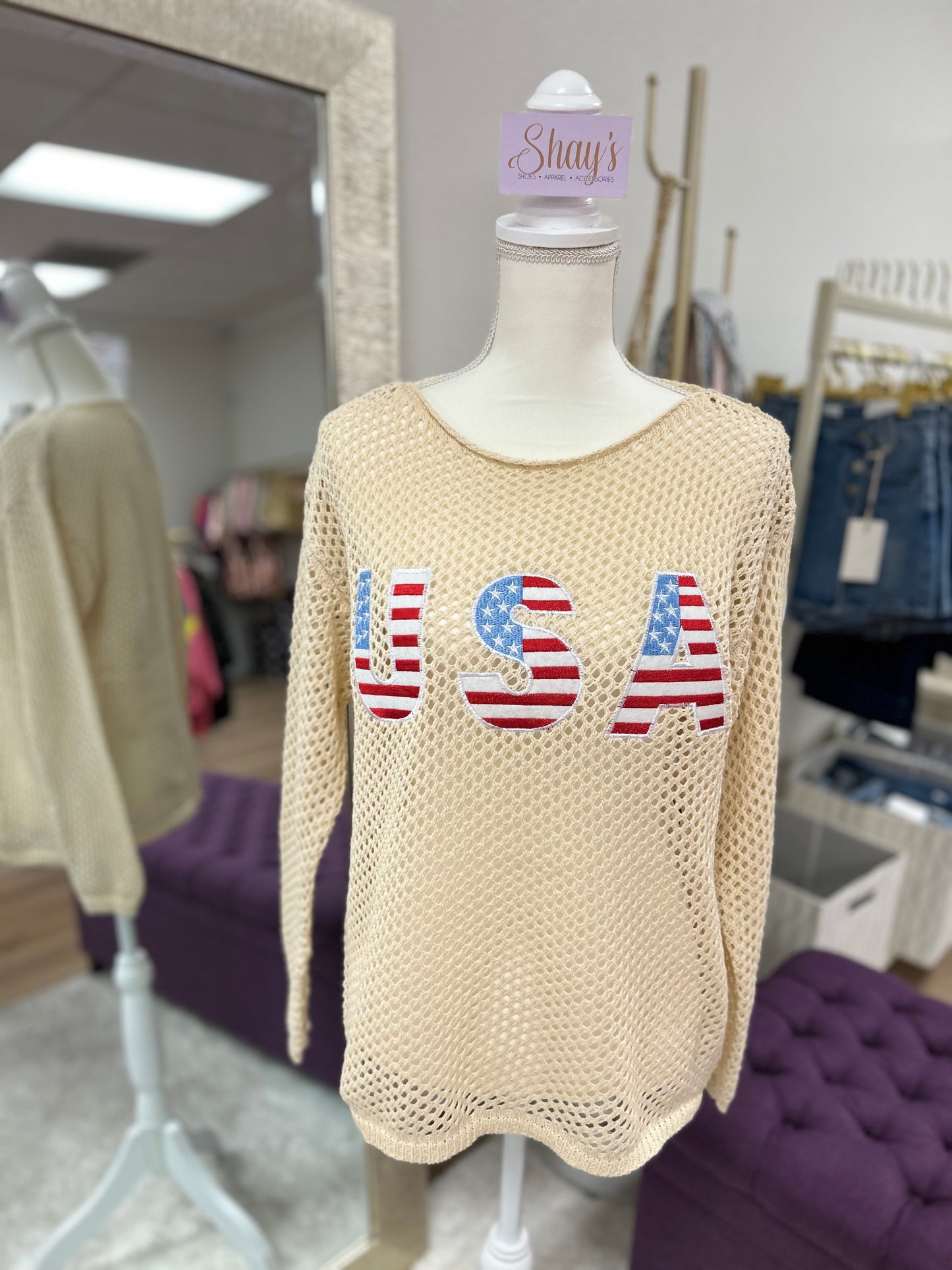 USA Flag Letter Open Knit Top