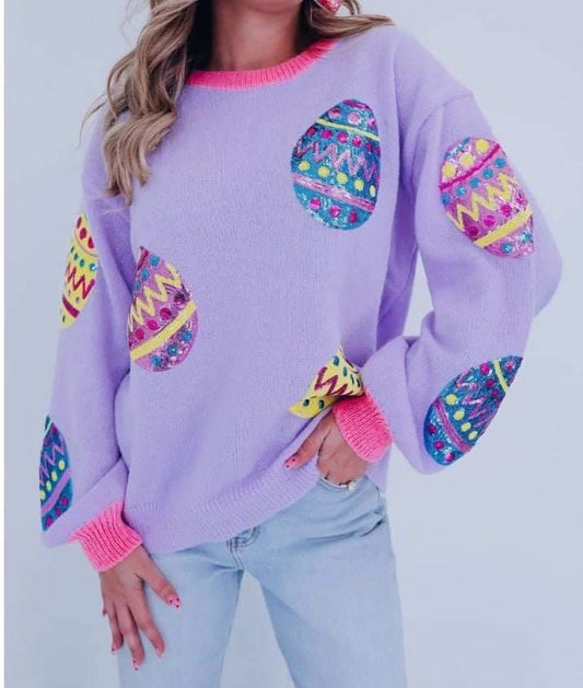 Easter Egg Patches Sweater Pullover- Lavender/Pink