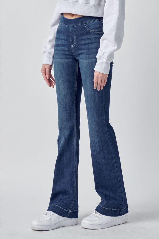 Mid Rise Pull on Flare Jeans 33” Inseam - DARK WASH