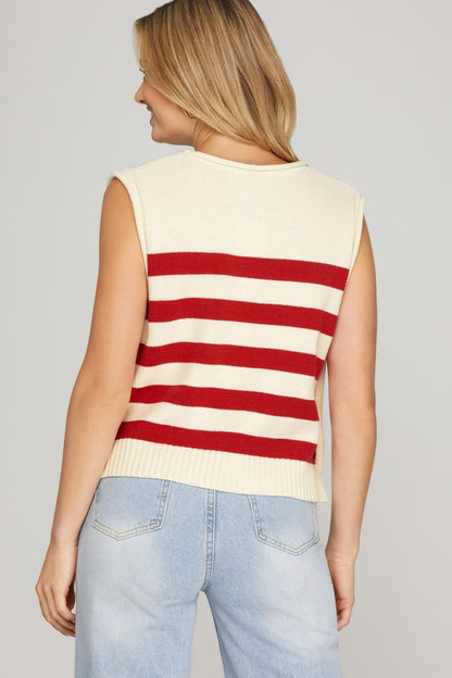 Merrill~ thick stripe top with gold button accents