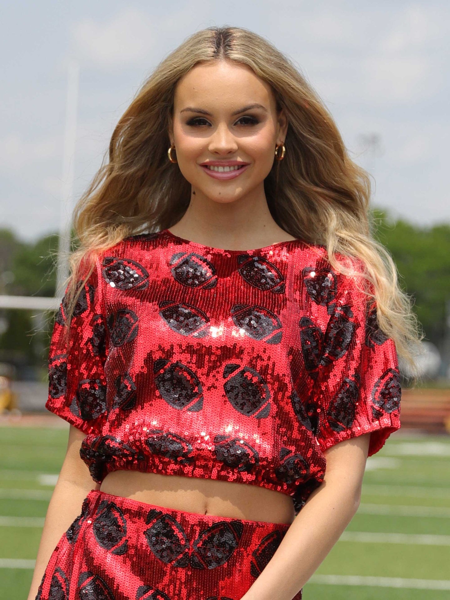 Sequin Football Bubble Shirt - RED/BLACK