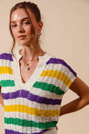 Mardi Gras Stripe Open Knit Lightweight Top