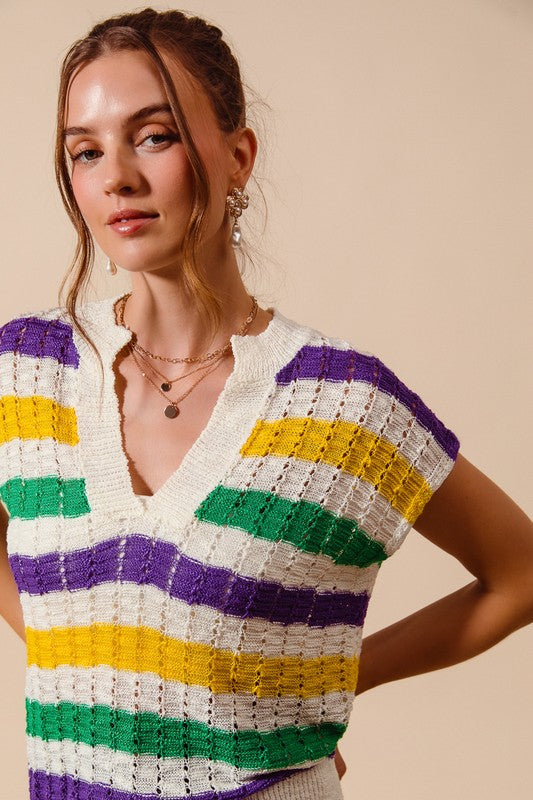 Mardi Gras Stripe Open Knit Lightweight Top