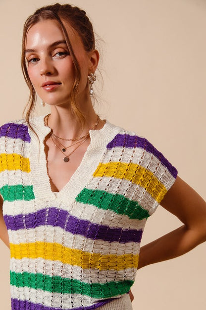 Mardi Gras Stripe Open Knit Lightweight Top