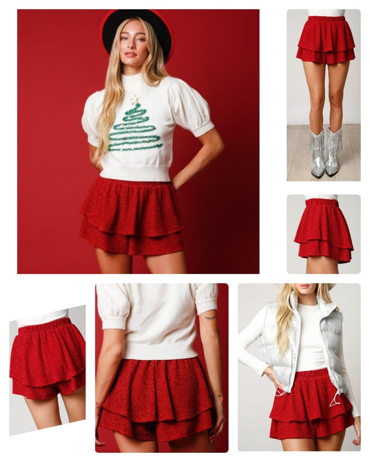 Red glitter tiered shorts