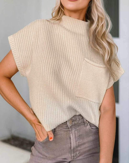 Patch Pocket Ribbed Short Sleeve Sweater