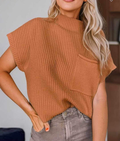 Patch Pocket Ribbed Short Sleeve Sweater