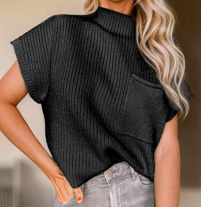 Patch Pocket Ribbed Short Sleeve Sweater