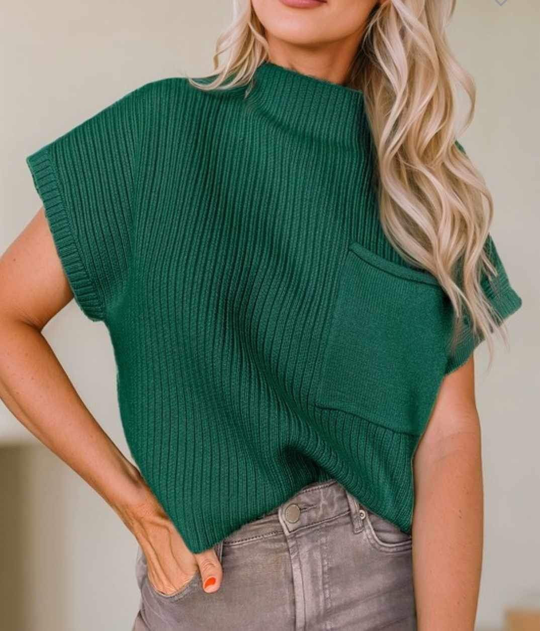 Patch Pocket Ribbed Short Sleeve Sweater