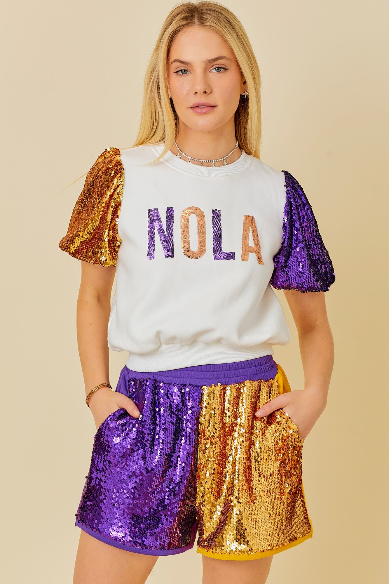 NOLA Letter Patch Sequin Sleeve Top