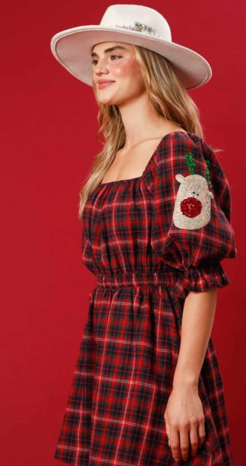 Plaid Sequin Rudolph Dress-FINAL SALE