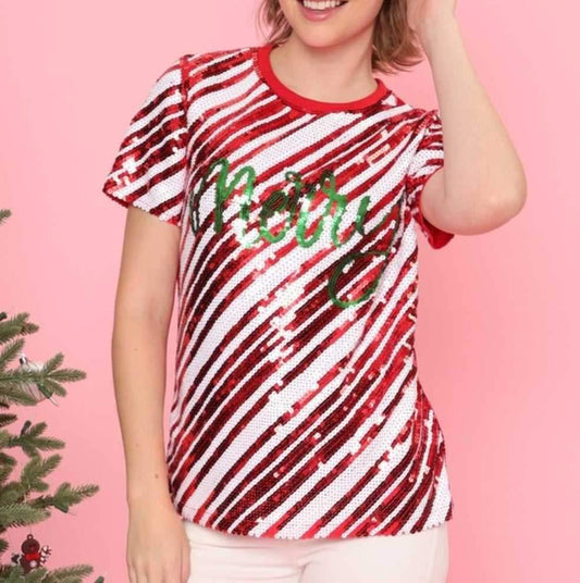 Sequin “Merry” Candy Cane Stripe Top