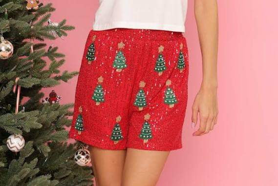 Sequin Christmas Tree Shorts- Red