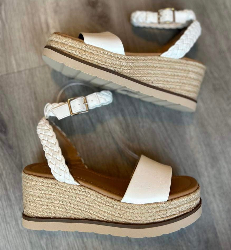 Emaline- Braided Strap Wedge Sandal White